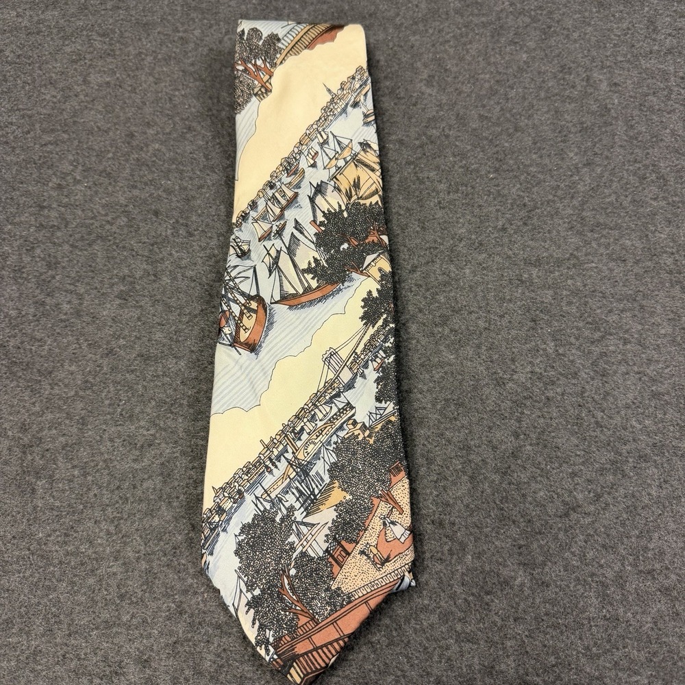 Vintage Damon All Silk Men's Necktie Nautical Americana Landscape Pattern